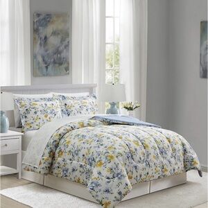 Blue and Yellow Floral Comforter Set - Soft Garden Print Bedding8 piece Full bed